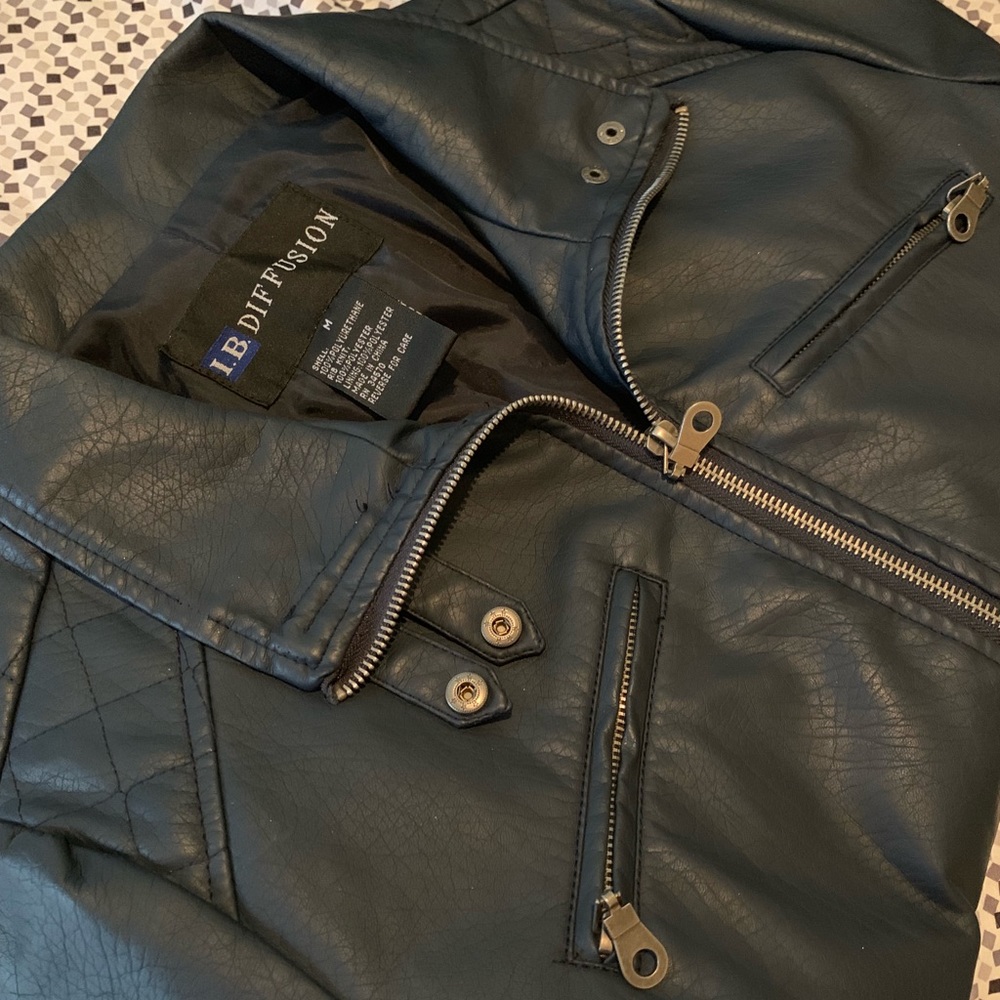 Navy Faux Leather Bomber Jacket